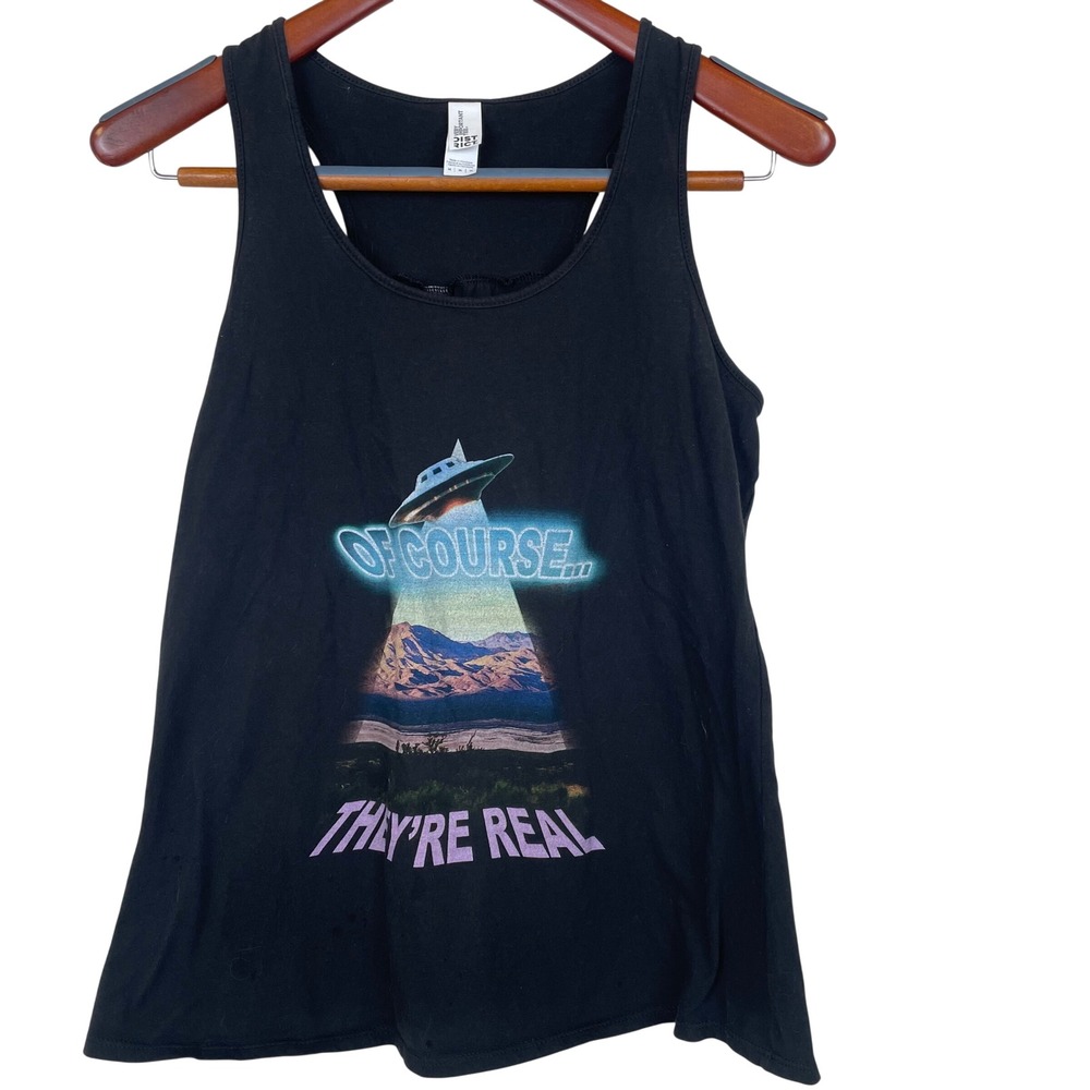 Womens Tank Sz M Funny Retro 80s Indie Grunge Festival Hipster UFO Alien Graphic